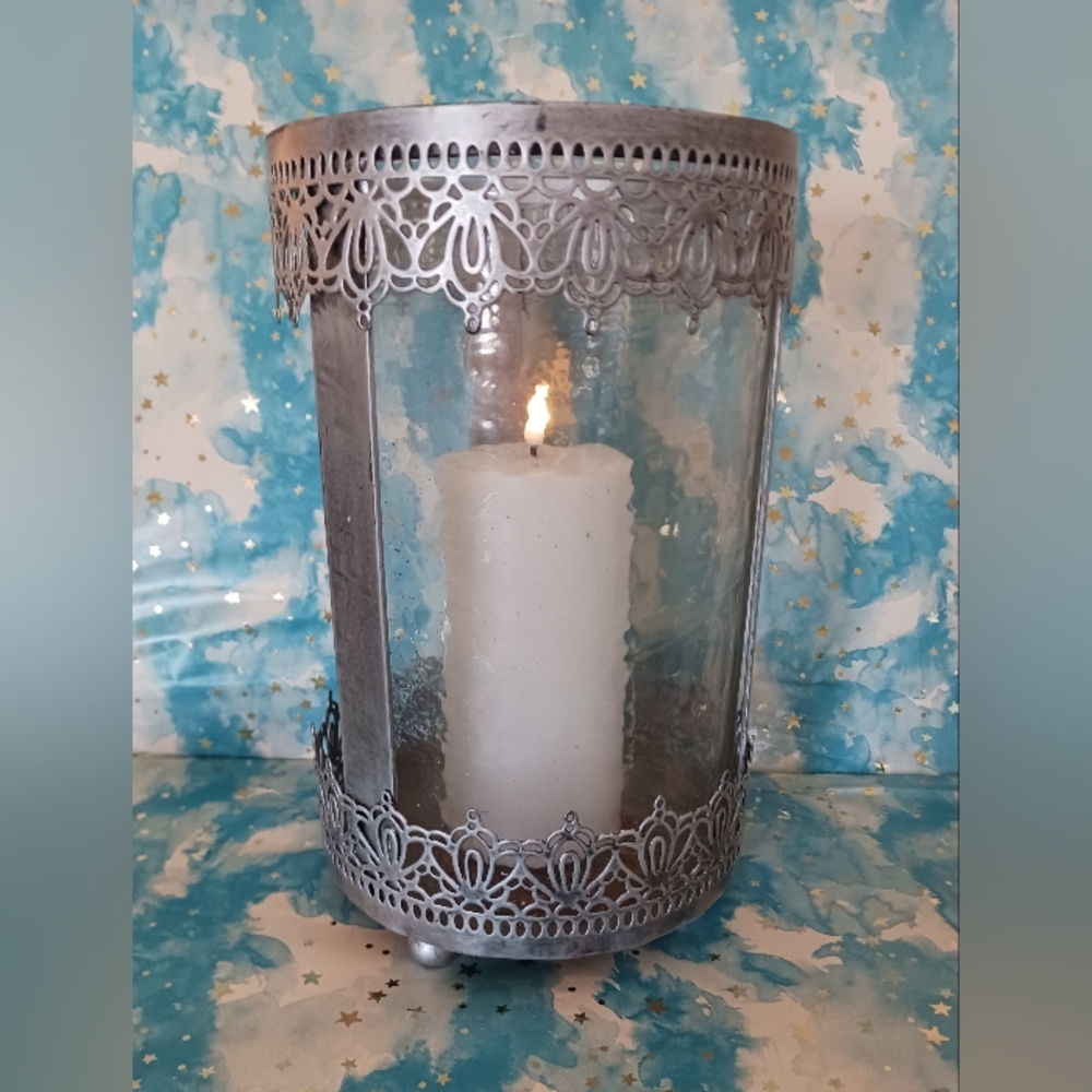 Hammered Glass Lantern In Metal Scrollwork Holder. Battery Candle Included.